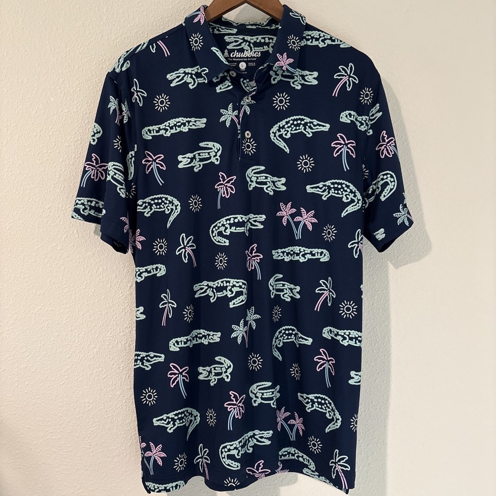 Chubbies Polo Shirt Men's Large Navy Blue Alligator Everglades Neon Golf Vacay